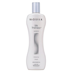 BioSilk Silk Therapy Shampoo bottle with glossy shine promise for healthier hair