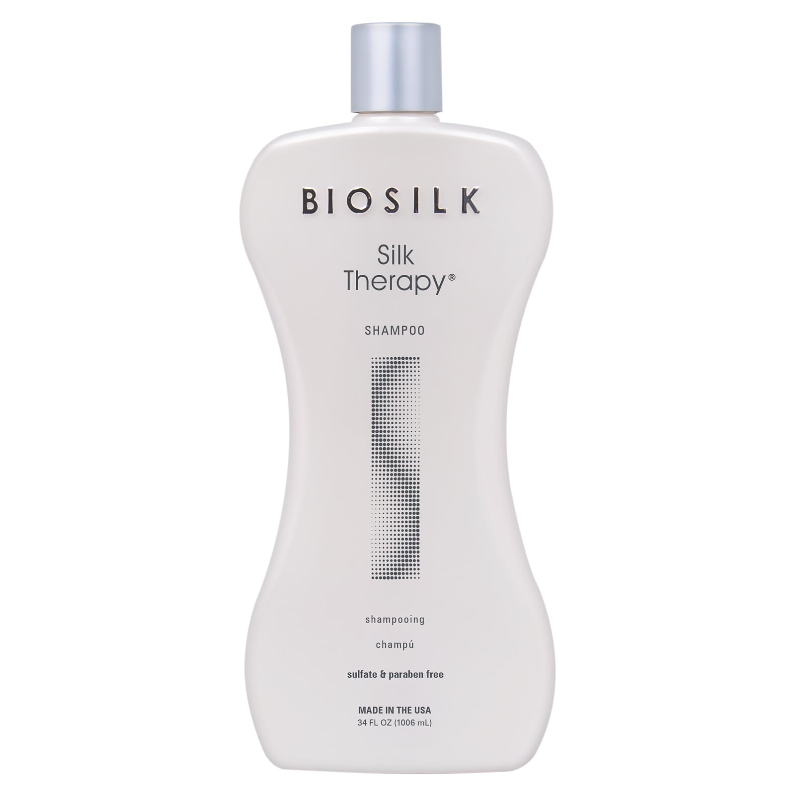 BioSilk Silk Therapy Shampoo bottle, 34 oz, ideal for daily cleansing and shine.