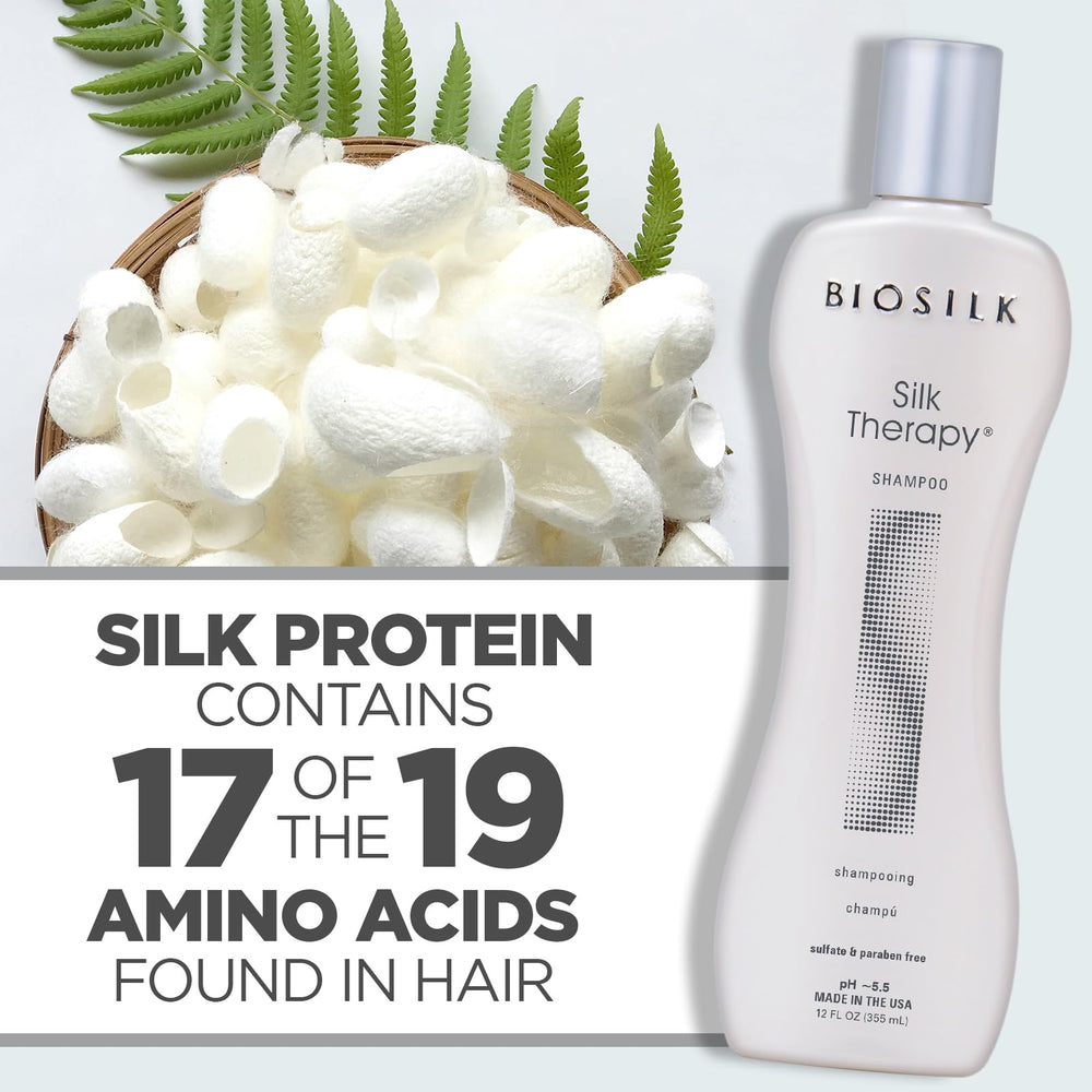 Display of BioSilk Silk Therapy Shampoo and conditioner duo highlighting shine