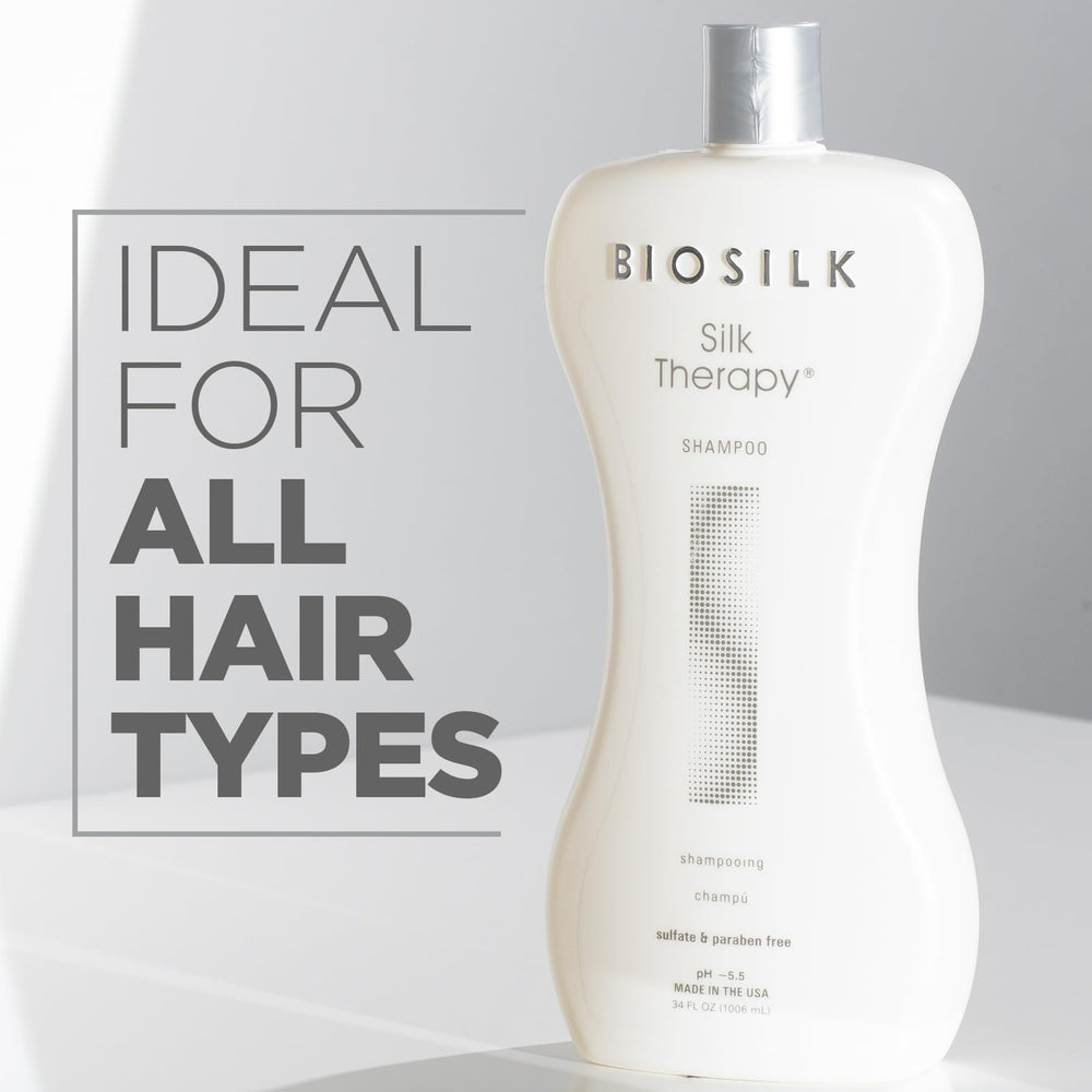 Close-up of BioSilk Silk Therapy Shampoo shows rich lather and silky conditioning potential.
