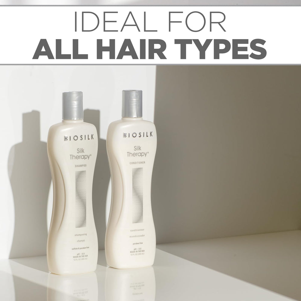 BioSilk Silk Therapy UV-filter label on conditioner bottle protects shine.