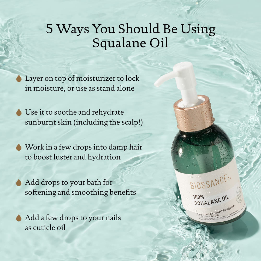 BIOSSANCE 100% Squalane Oil dropper releasing pure squalane for smooth skin.