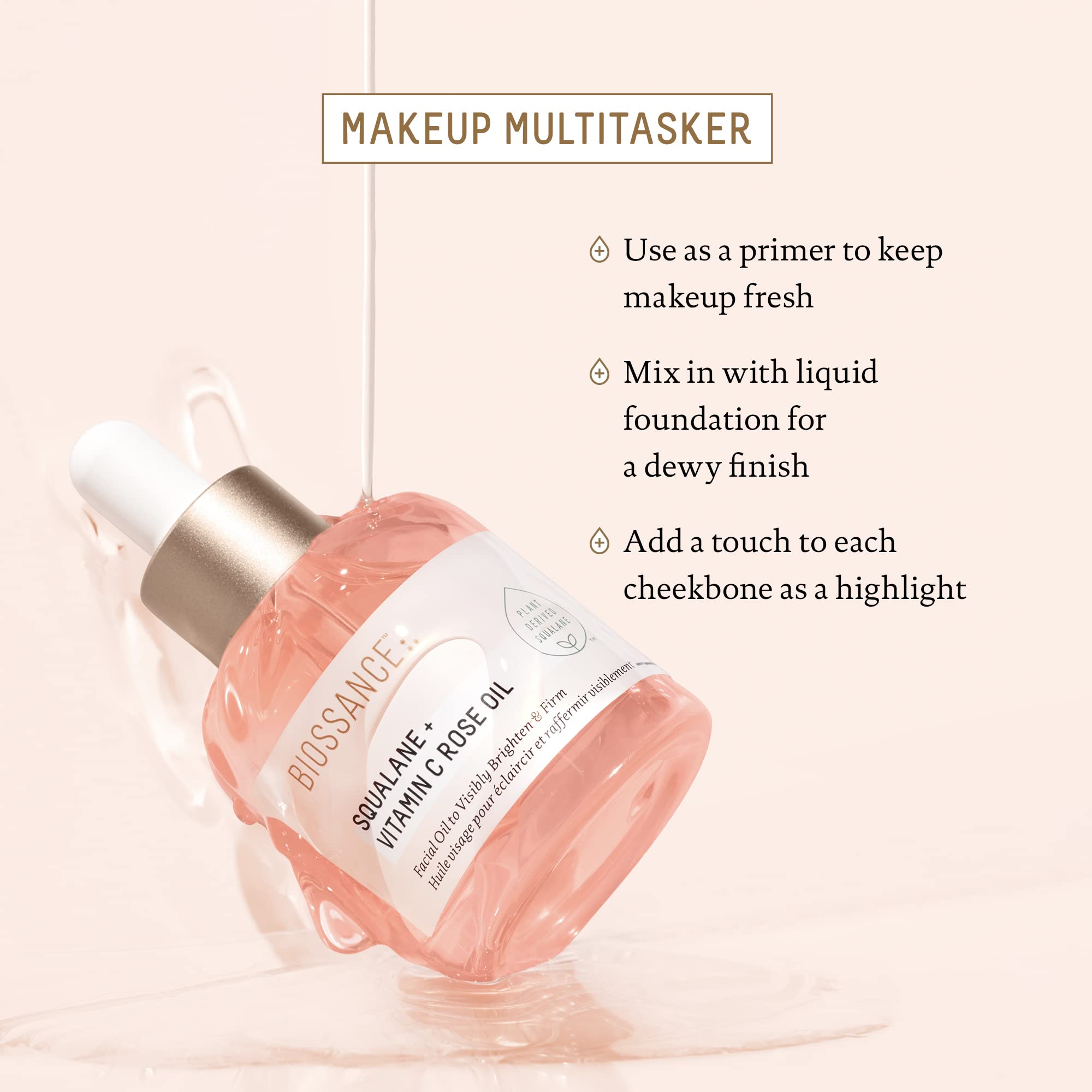 BIOSSANCE Damascus rose aroma bottle provides a calming skincare ritual.