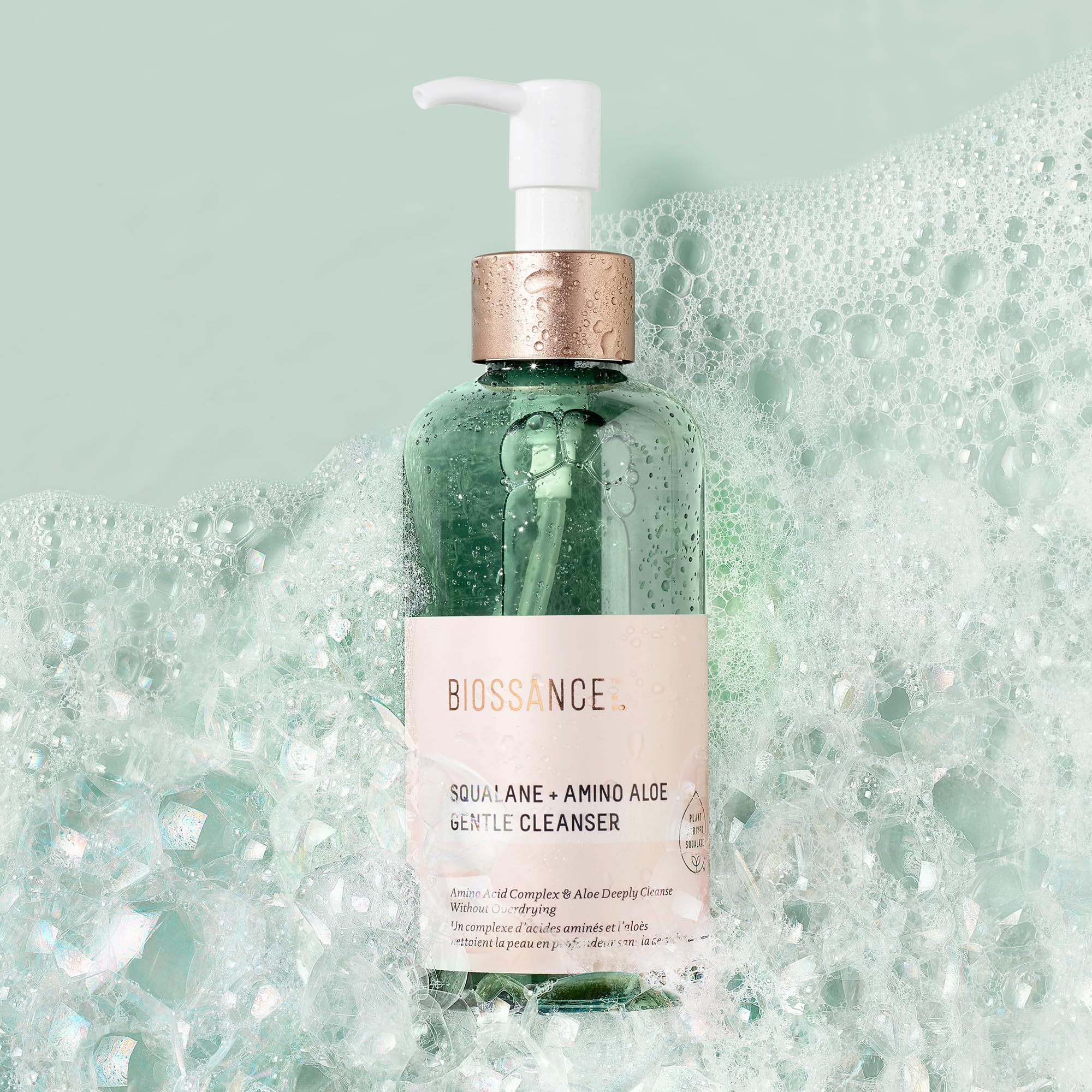 BIOSSANCE foaming cleanser lather demonstrating deep cleansing while preserving moisture