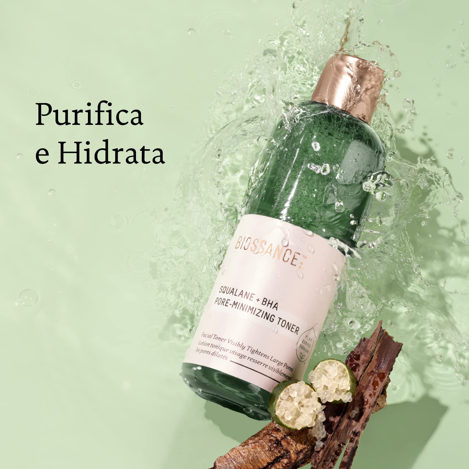 BIOSSANCE Squalane + BHA Toner bottle on bathroom counter for gentle exfoliation