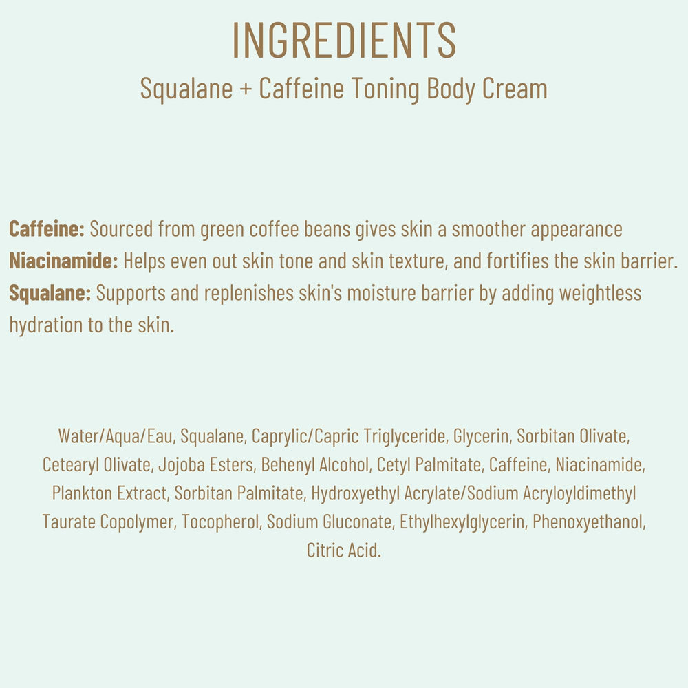Packaging of BIOSsance Squalane Caffeine Toning Body Cream emphasizes recyclability and eco-conscious care
