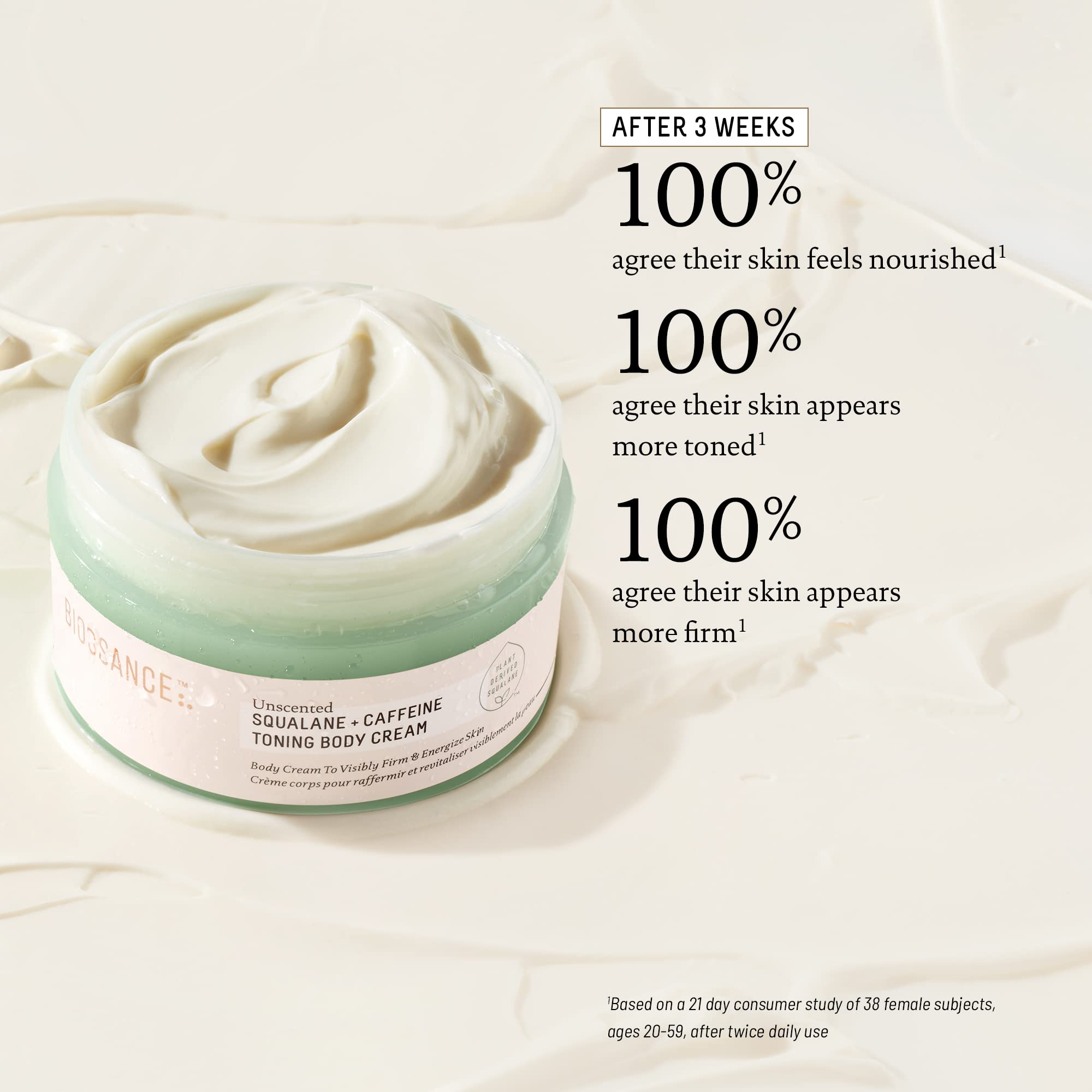 Texture close-up of BIOSsance Squalane Caffeine Toning Body Cream showing rapid absorption