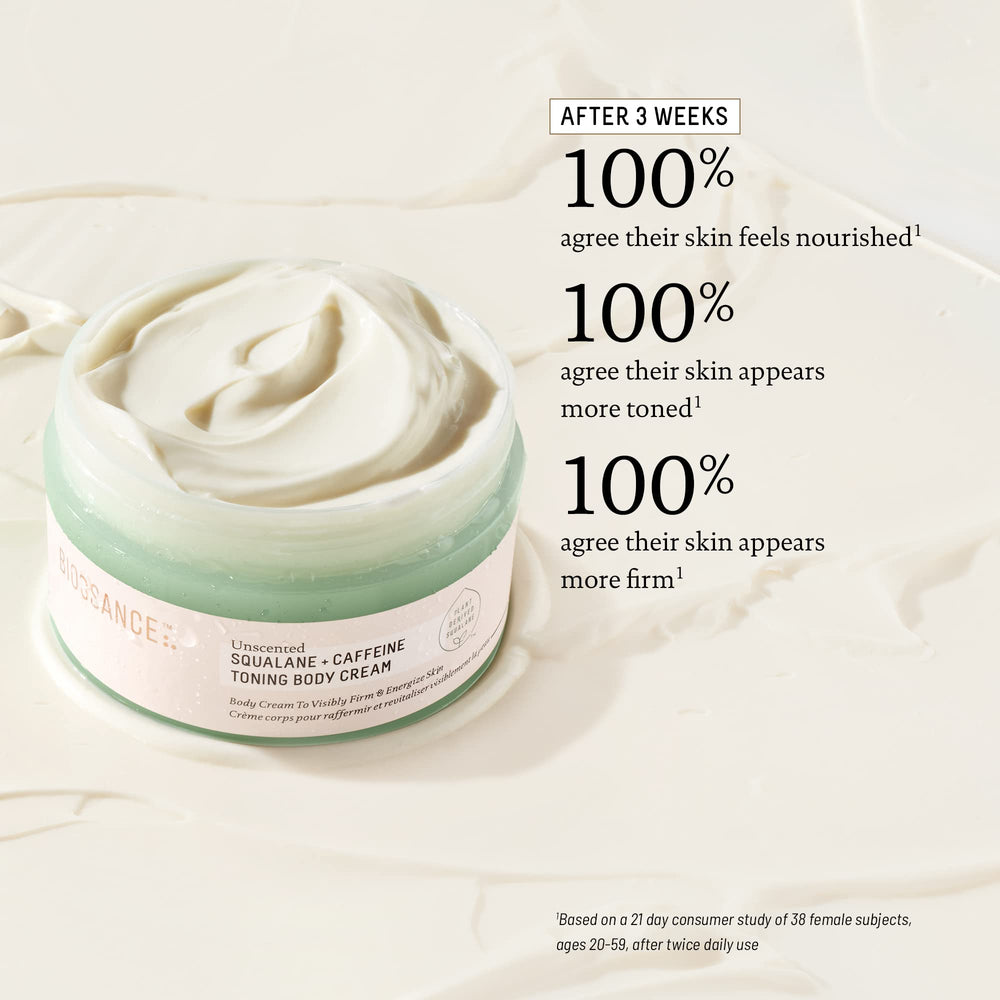 Texture close-up of BIOSsance Squalane Caffeine Toning Body Cream showing rapid absorption