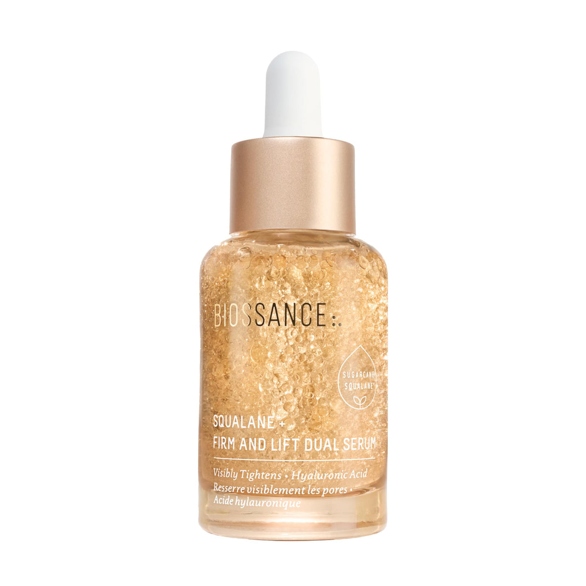BIOSSANCE Squalane Firm & Lift serum pump close-up, showcasing rich texture for firming support.
