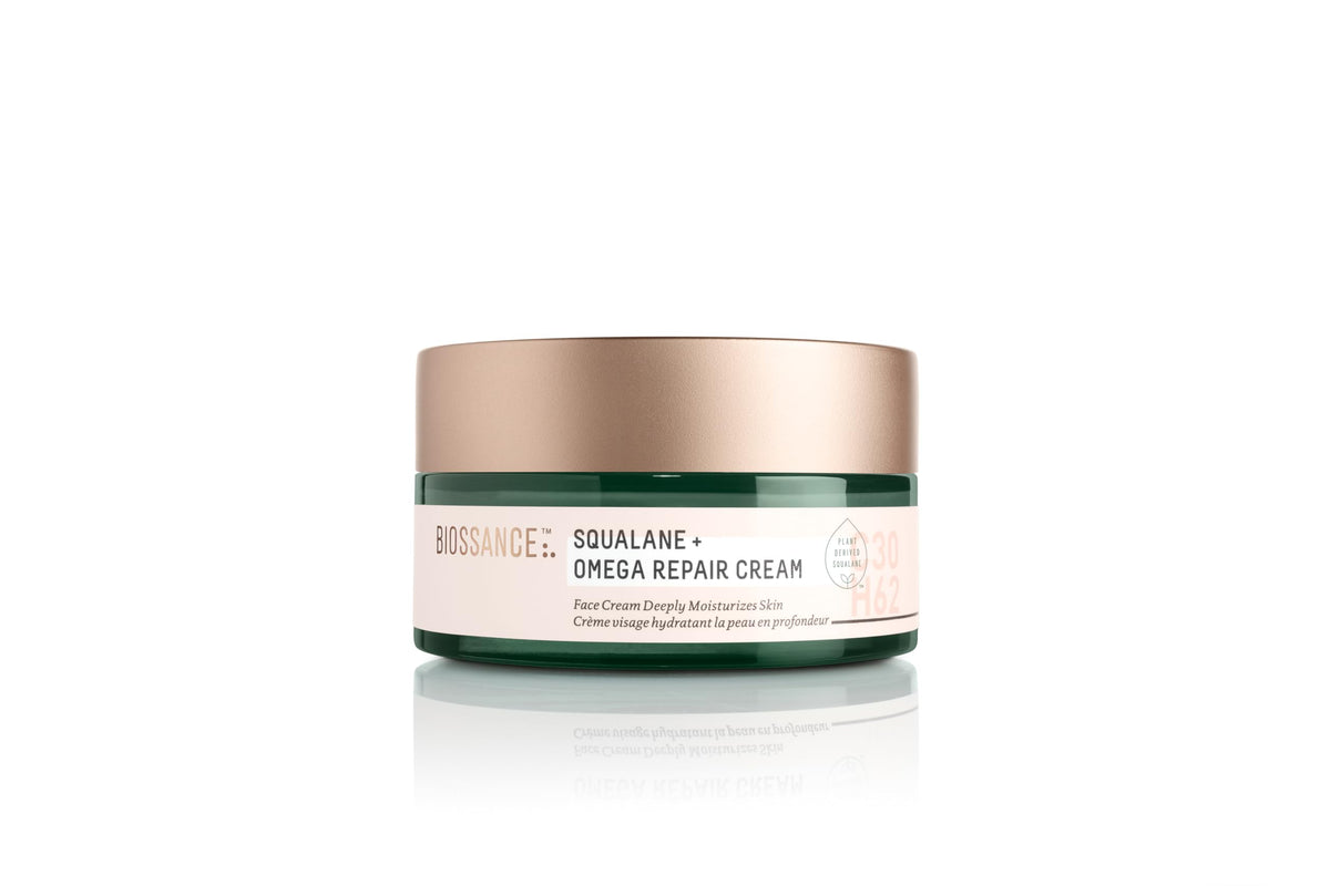BIOSSANCE Squalane + Omega Repair Cream jar close-up for deep hydration.