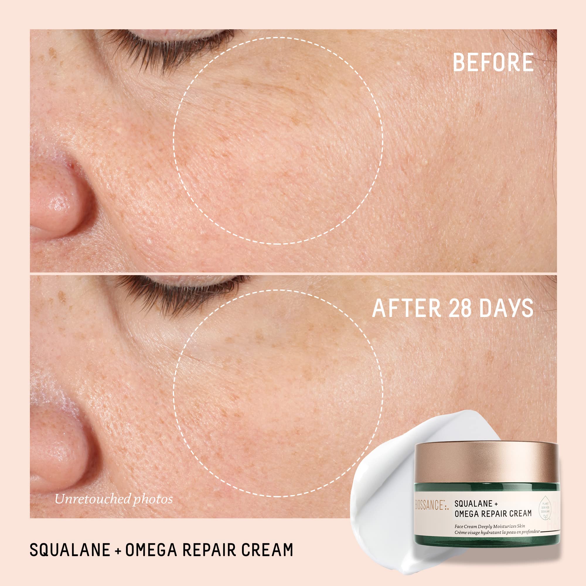 BIOSSANCE Squalane + Omega Repair Cream whipped texture showing fast absorption.