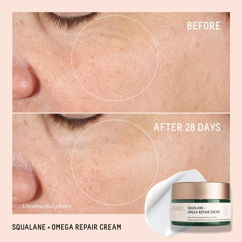 BIOSSANCE Squalane + Omega Repair Cream whipped texture showing fast absorption.