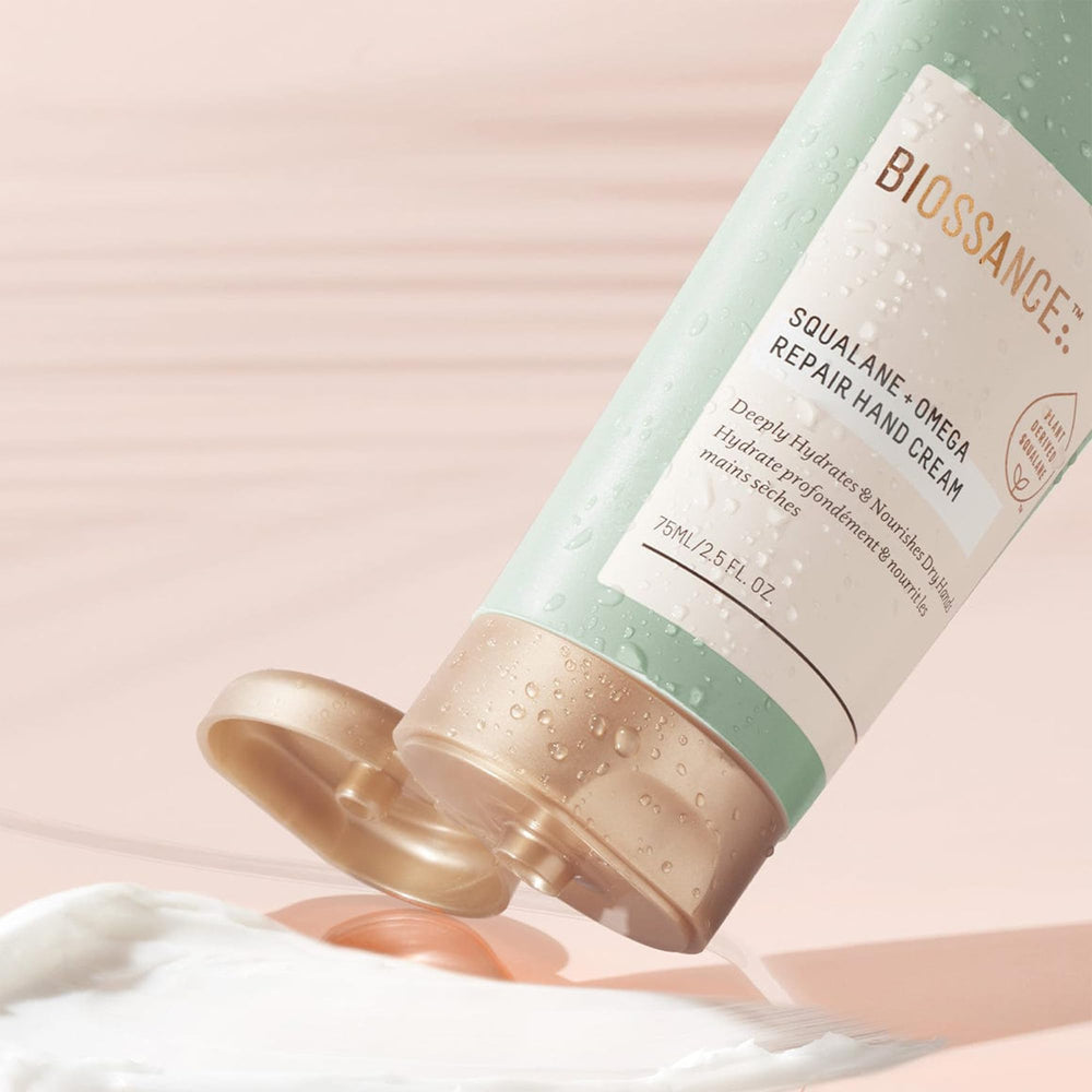 BIOSSANCE Squalane Omega Repair Hand Cream on hand shows non-greasy nourishment