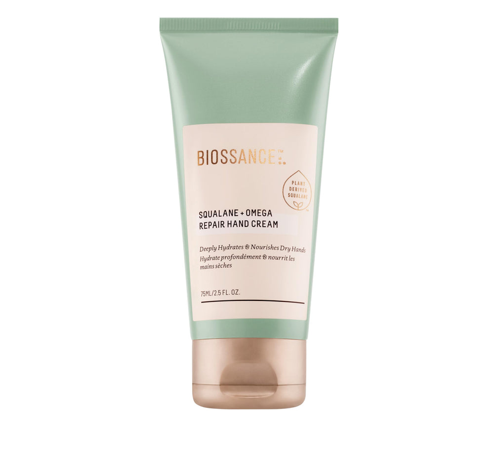 BIOSSANCE Squalane Omega Repair Hand Cream tube delivers deep hydration