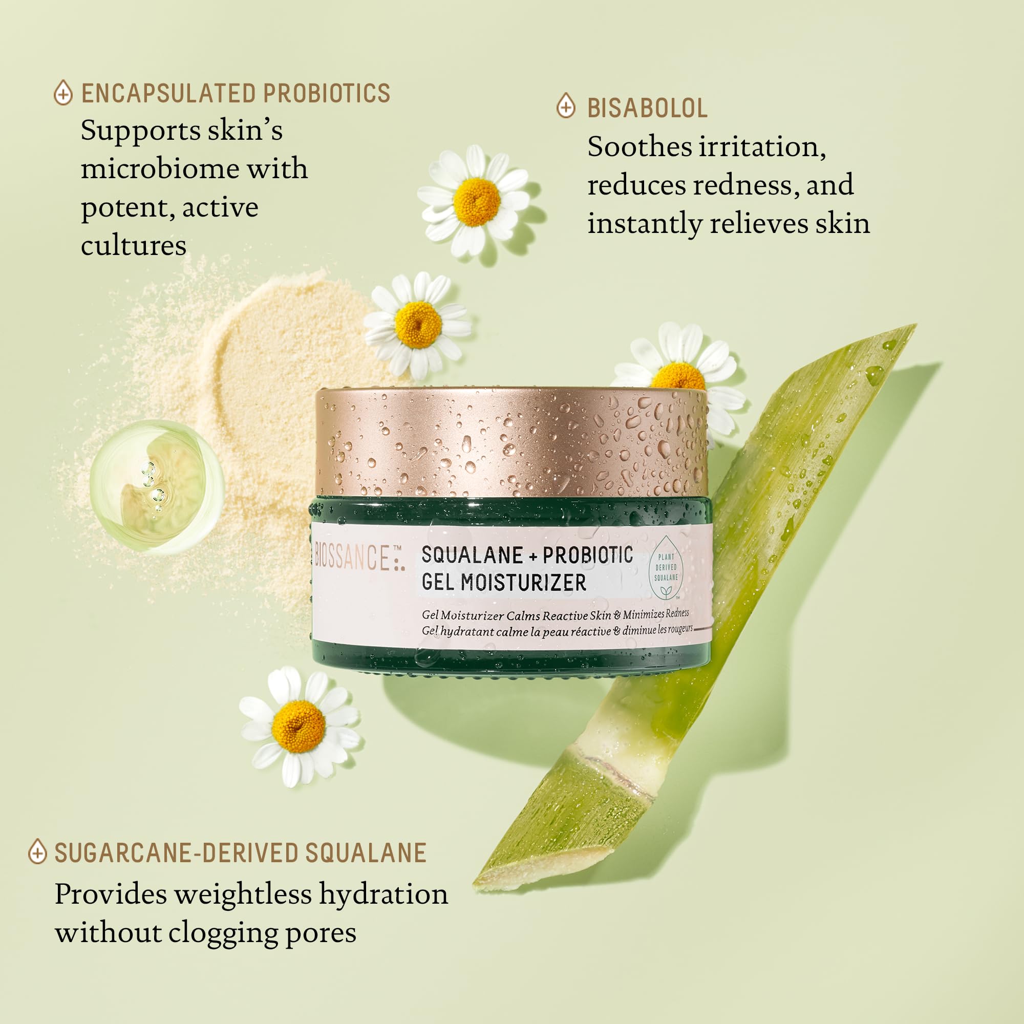 Biossance Squalane + Probiotic Gel Moisturizer face application close-up soothing effect.