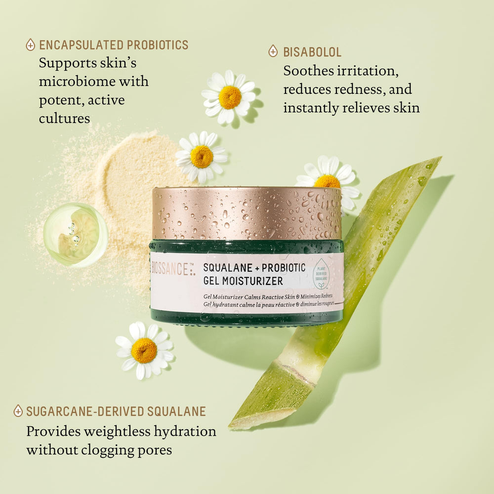 Biossance Squalane + Probiotic Gel Moisturizer face application close-up soothing effect.