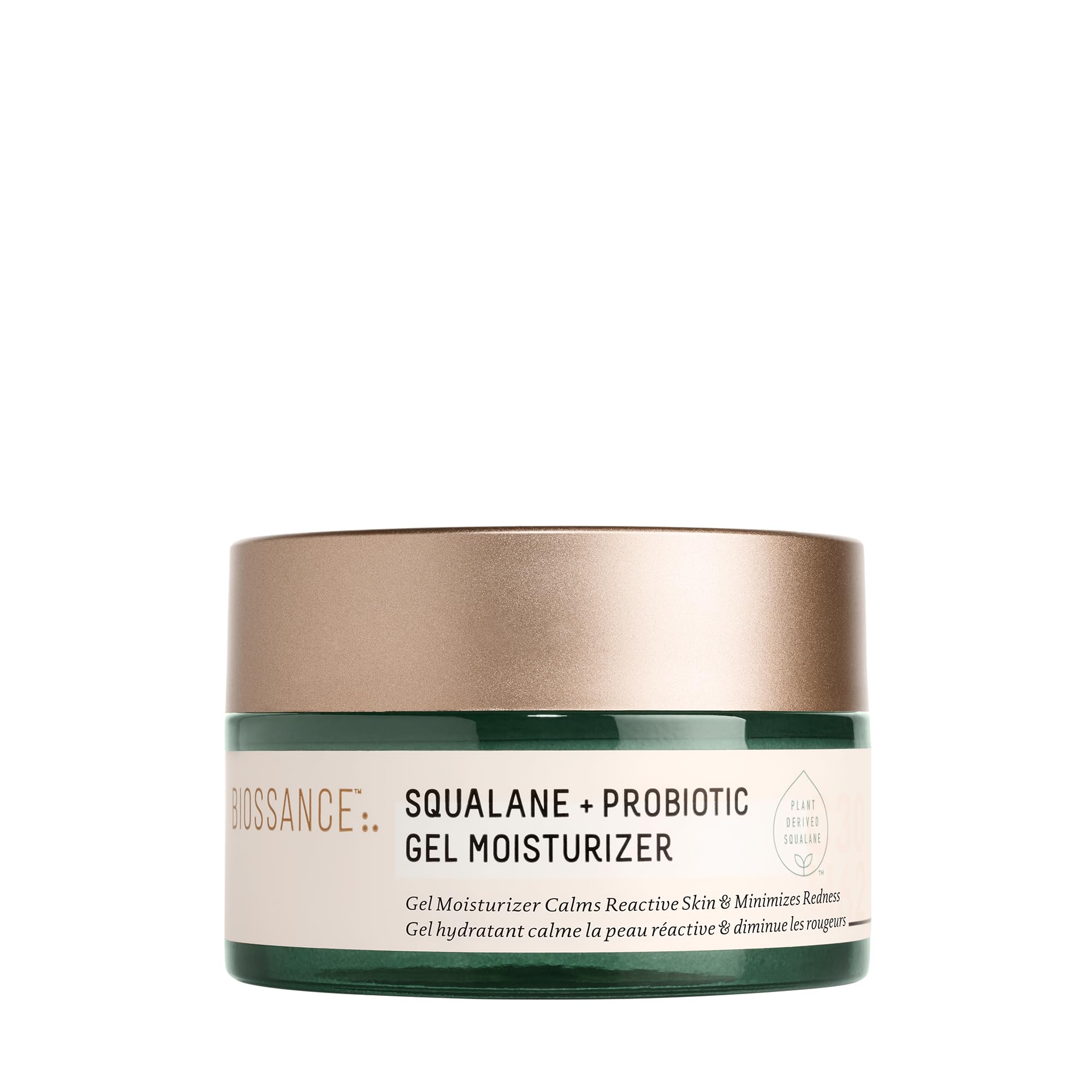 Biossance Squalane + Probiotic Gel Moisturizer jar calms redness and balances oil.