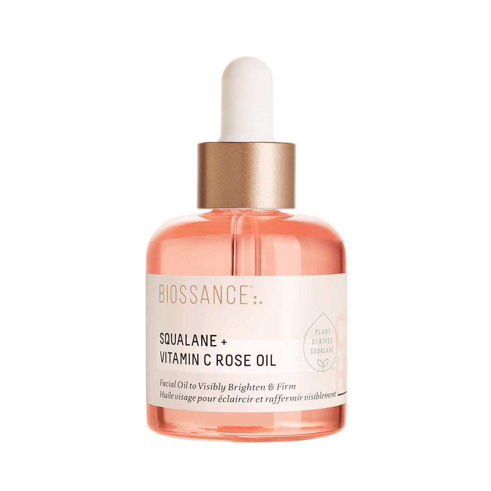 BIOSSANCE Squalane + Vitamin C Rose Oil bottle showing radiance and hydration.