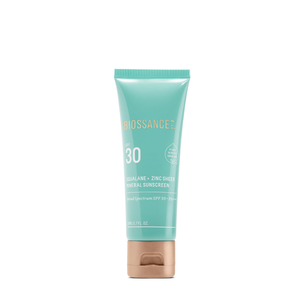 BIOSSANCE Squalane + Zinc sunscreen bottle with a dewy finish for daily protection.