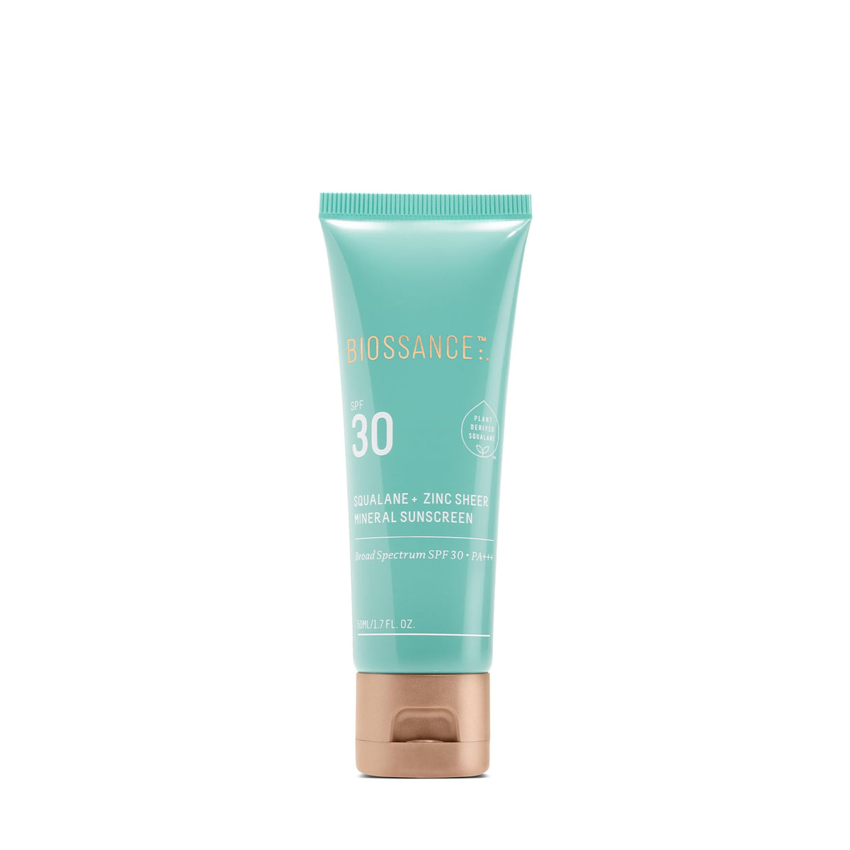 BIOSSANCE Squalane + Zinc sunscreen bottle with a dewy finish for daily protection.