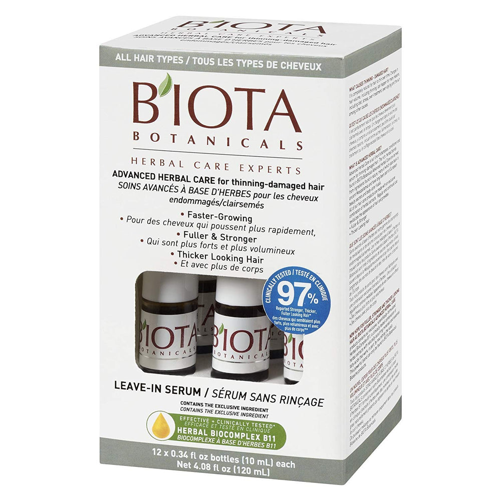 Biota Botanicals Advanced Herbal Care Leave-In Serum pump close-up for mess-free routine.