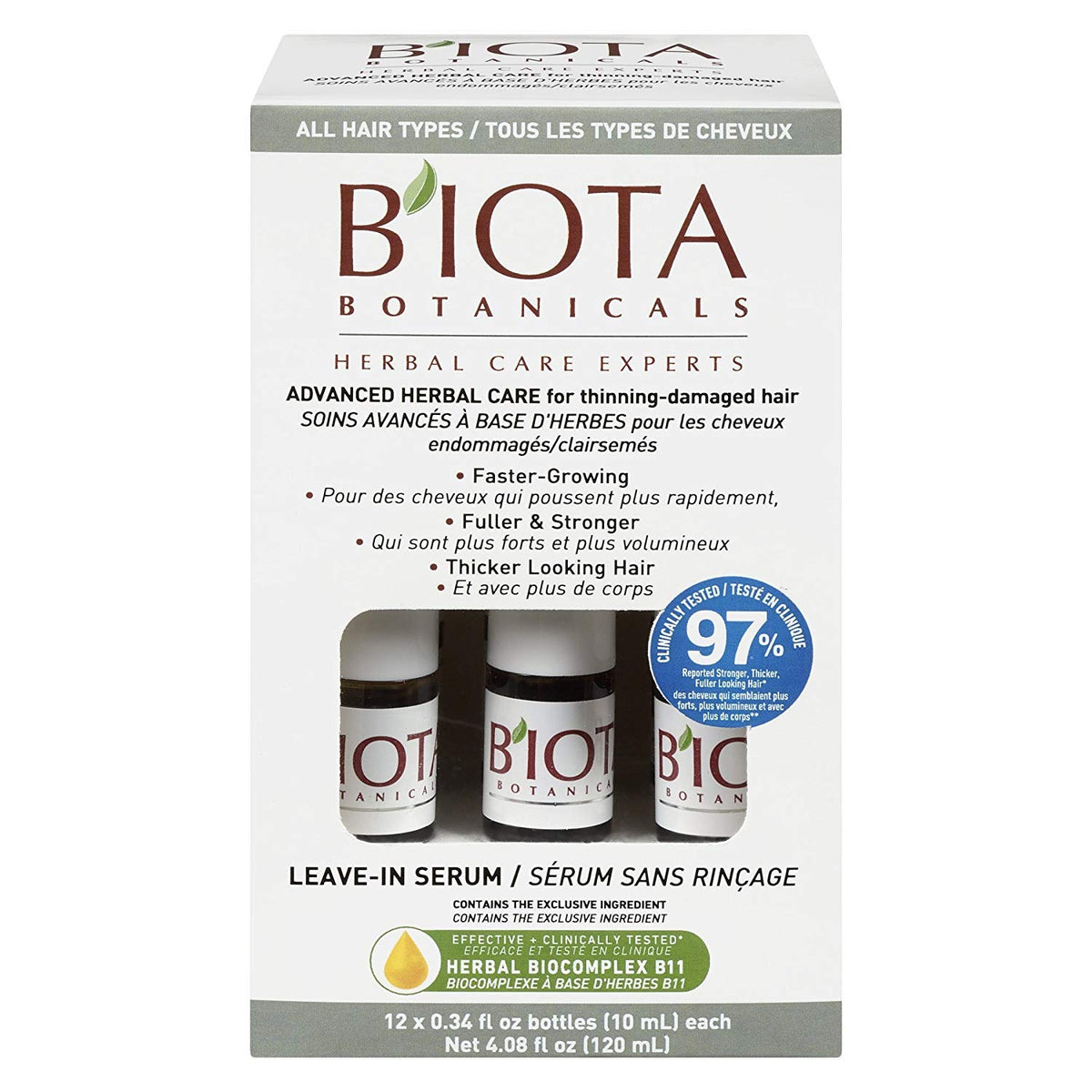 Biota Botanicals Advanced Herbal Care Leave-In Serum packaging close-up for premium daily-use appeal.
