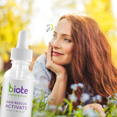 Biote Hair Rescue Activate label closeup showing clean non-GMO ingredients