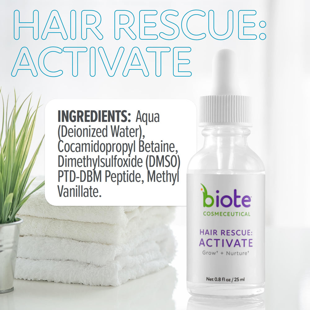 Biote Hair Rescue Activate packaging side view highlights compact 25 ml size