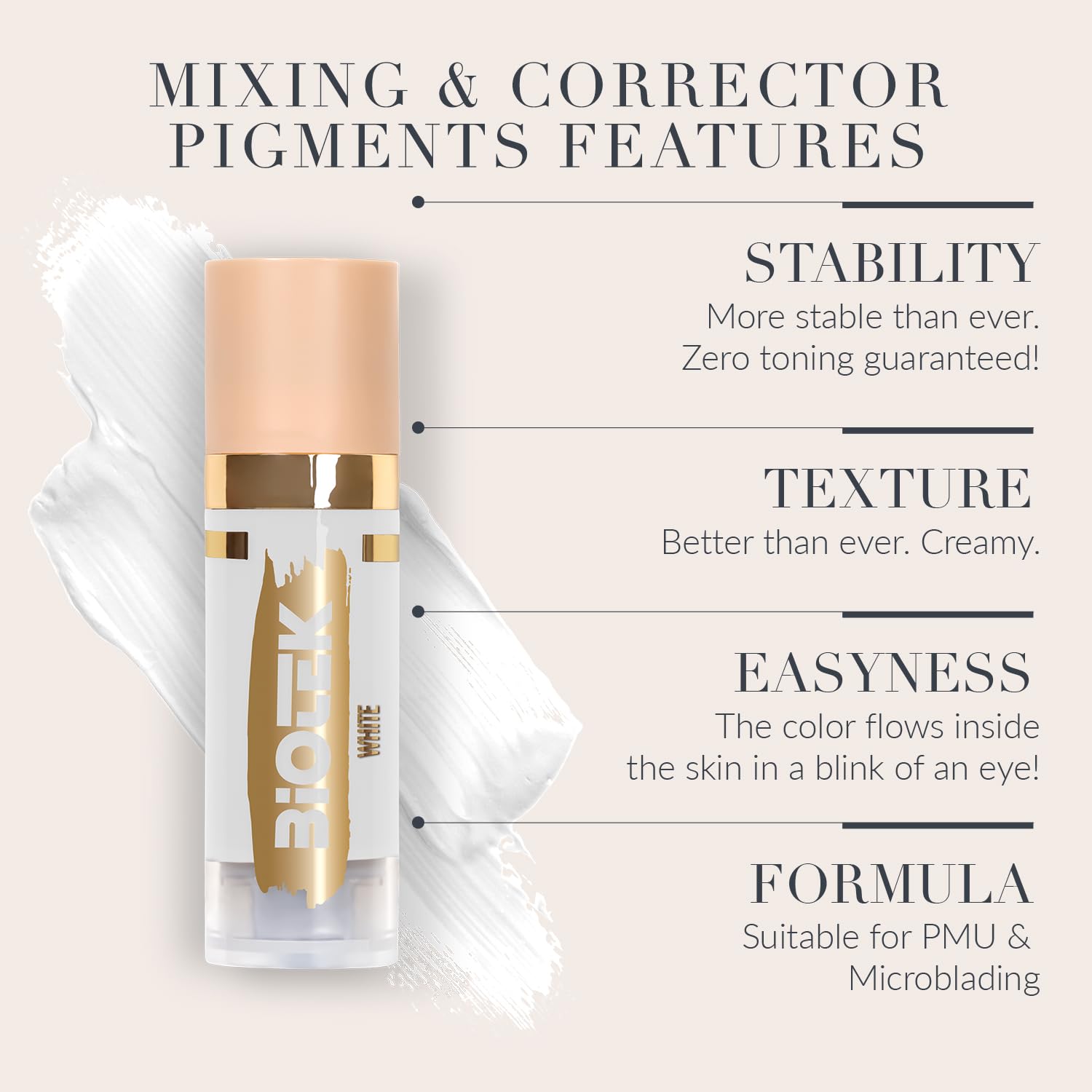 Biotek airless bottle packaging for efficient pigment use and reduced waste.