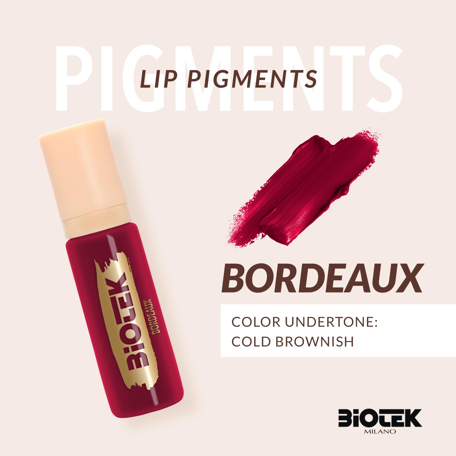 Biotek Bordeaux lip pigment squeeze bottle enabling waste-free dispensing.