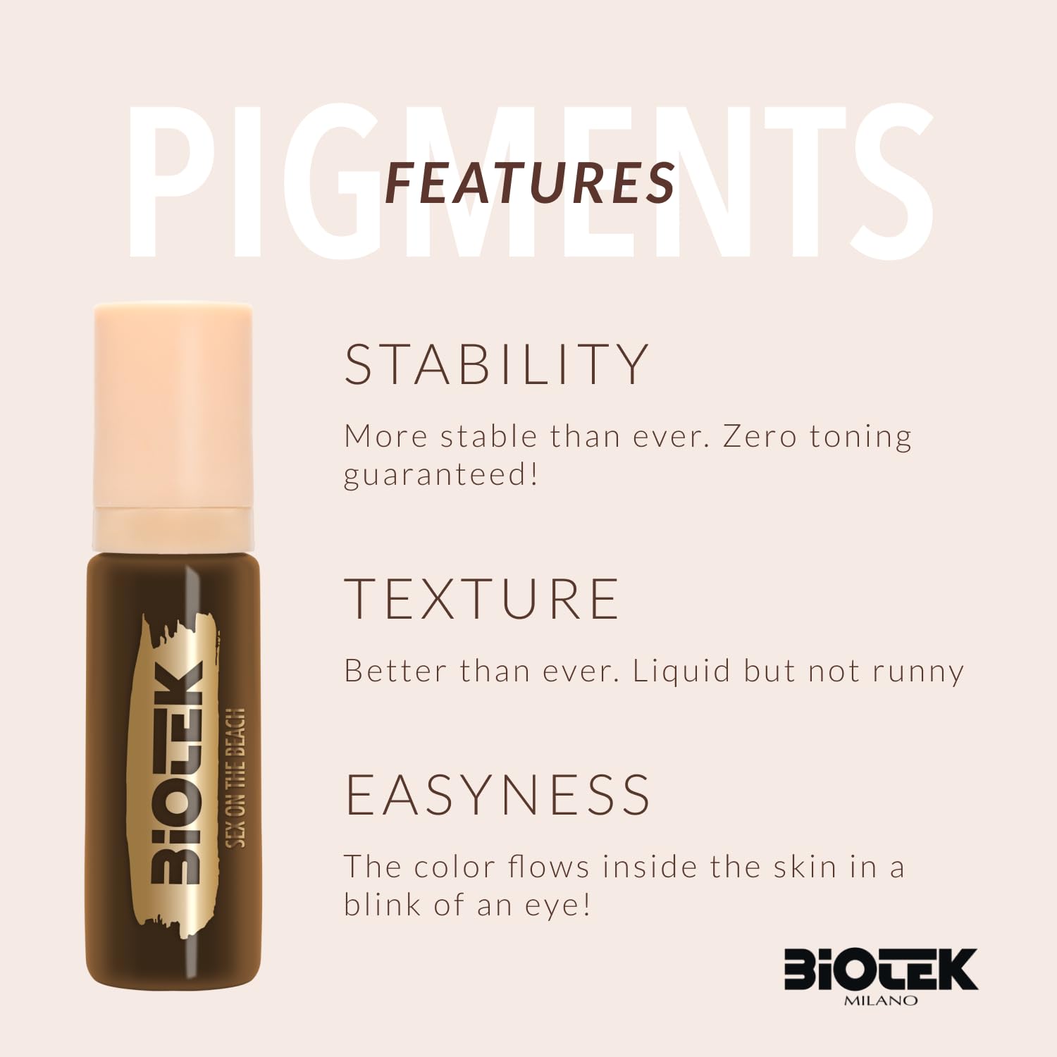 Biotek inorganic liquid brow pigment packaging label shows Made in Italy quality.