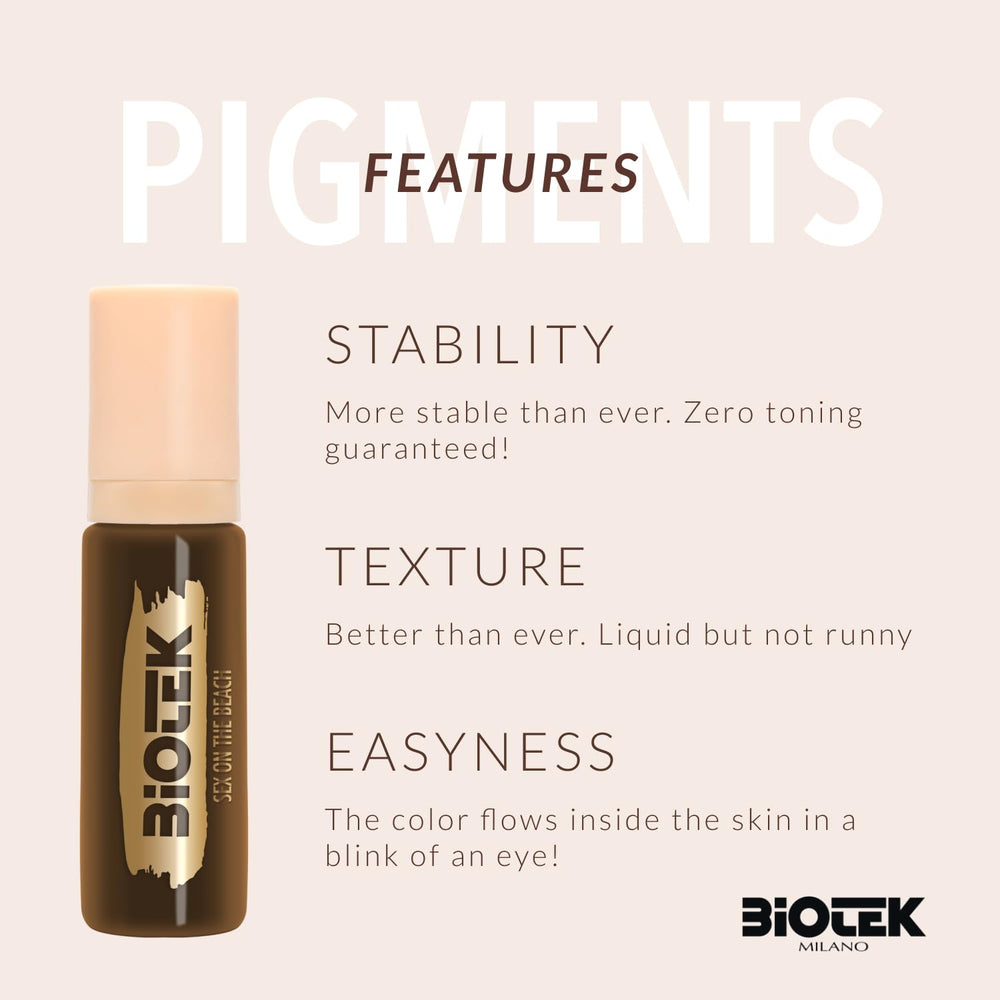 Biotek inorganic liquid brow pigment packaging label shows Made in Italy quality.