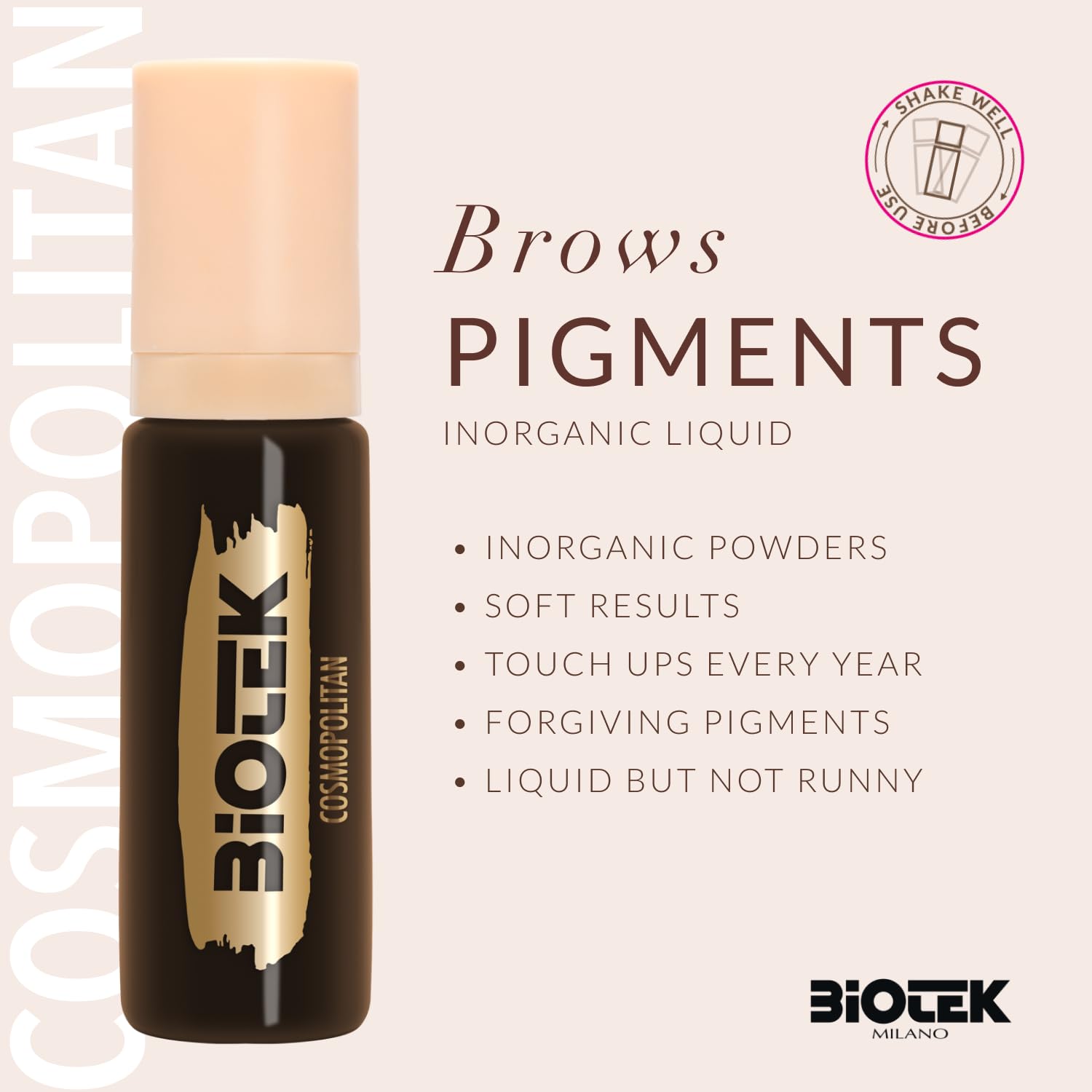 Biotek Inorganic Liquid brow pigment bottle highlights instant uptake and crisp results