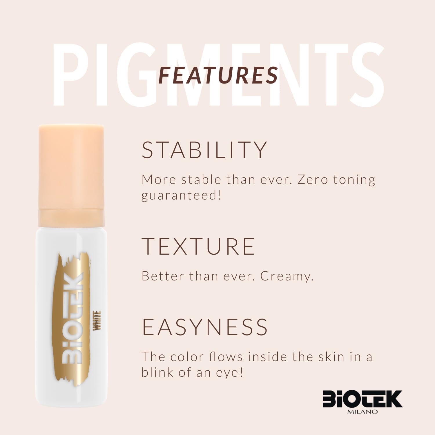 Biotek white pigment in airless bottle showing waste-minimizing packaging