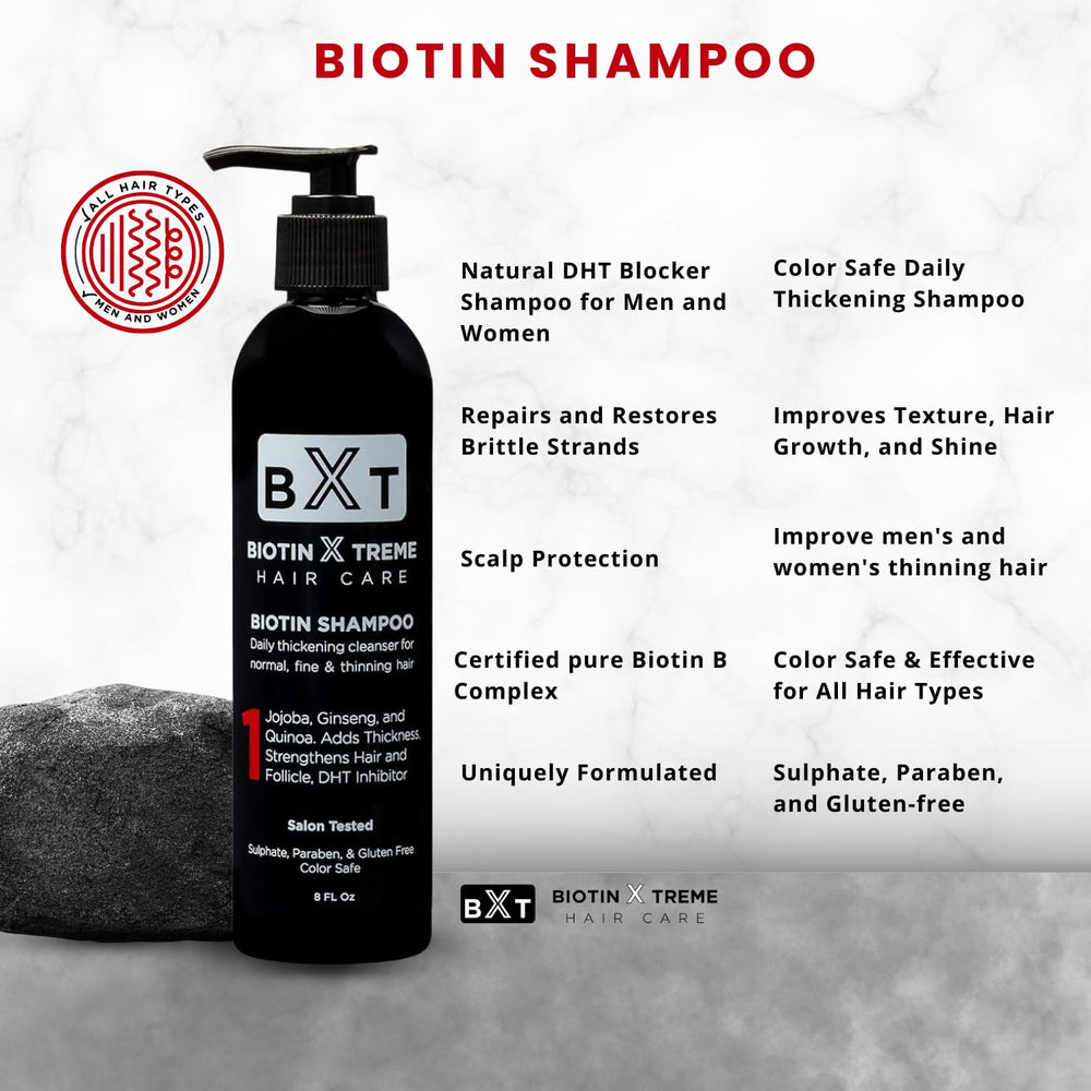 Biotin X Treme Hair shampoo label close-up showing natural ingredients.