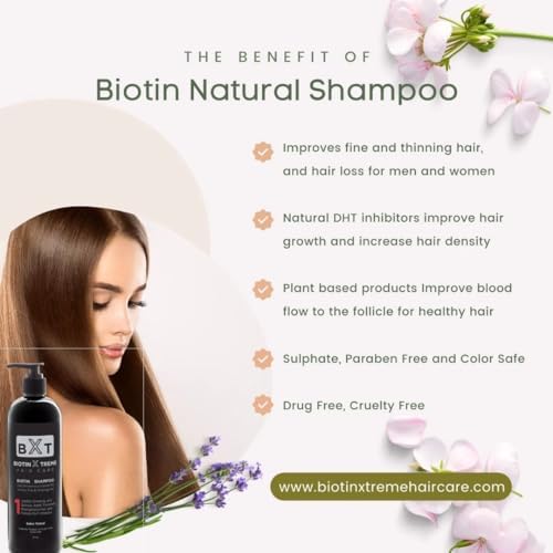 Biotin X Treme Shampoo in a bathroom setting on a shelf.