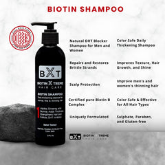 Biotin X Treme Shampoo bottle-back label with ingredients and usage tips.