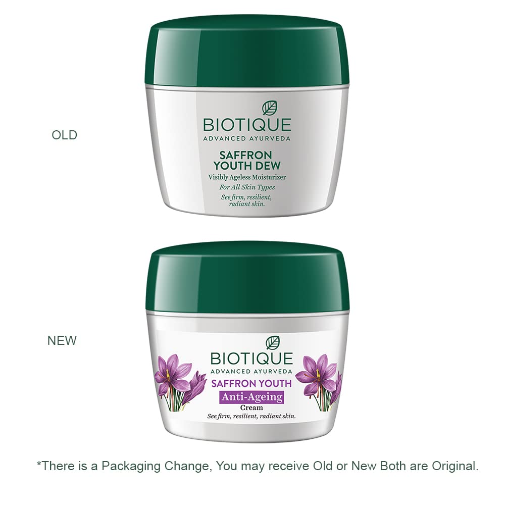Biotique Saffron Youth Anti-Ageing Cream packaging and design showcasing natural botanicals.