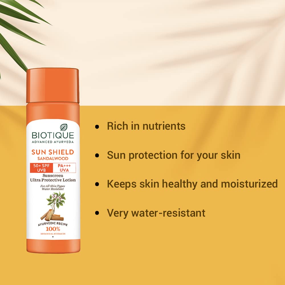 Biotique Sandalwood SPF 50+ sunscreen applied to the face for protection.