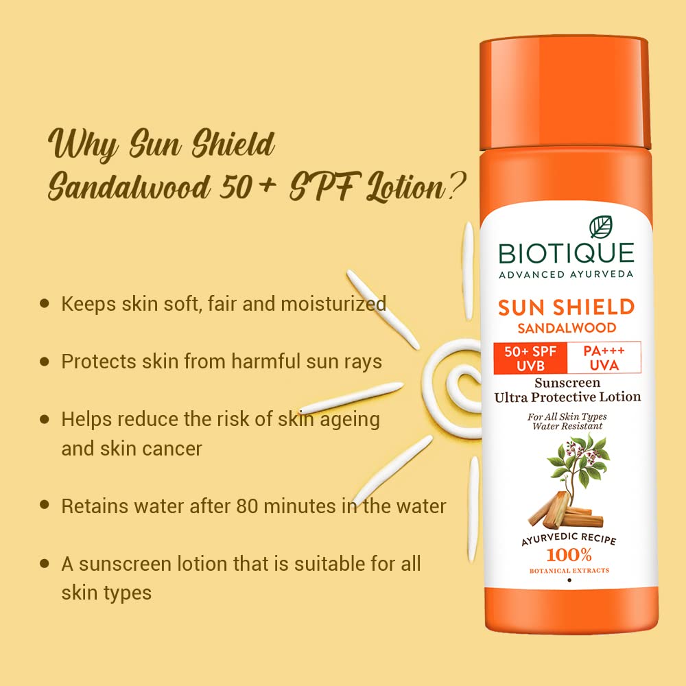 Biotique Sandalwood SPF 50+ sunscreen on skin for smooth coverage.