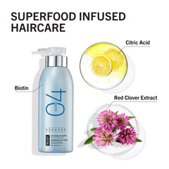 Biotop Professional 04 shampoo label closeup demonstrates biotin and red clover for density.