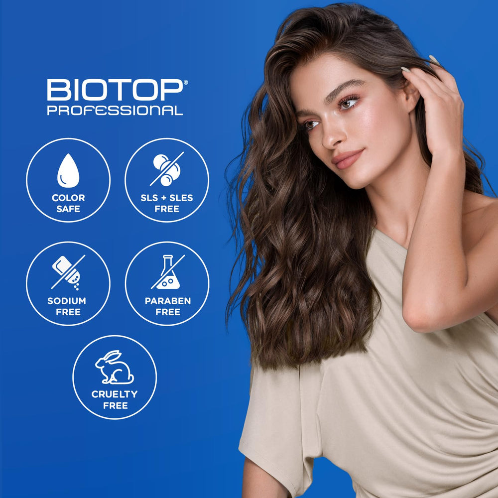 Biotop Professional 04 shampoo application demonstrates massaging the scalp for even distribution.