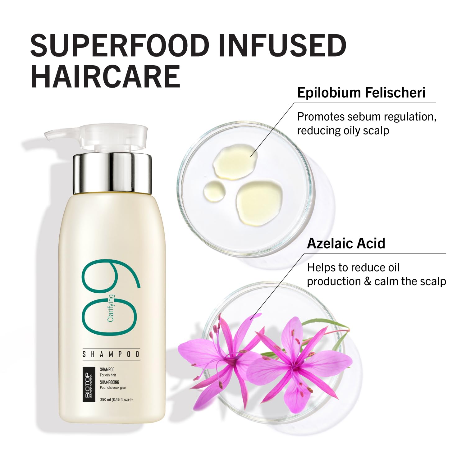 Biotop Professional 09 clarifying shampoo lathering on scalp for refreshed, oil-balanced hair
