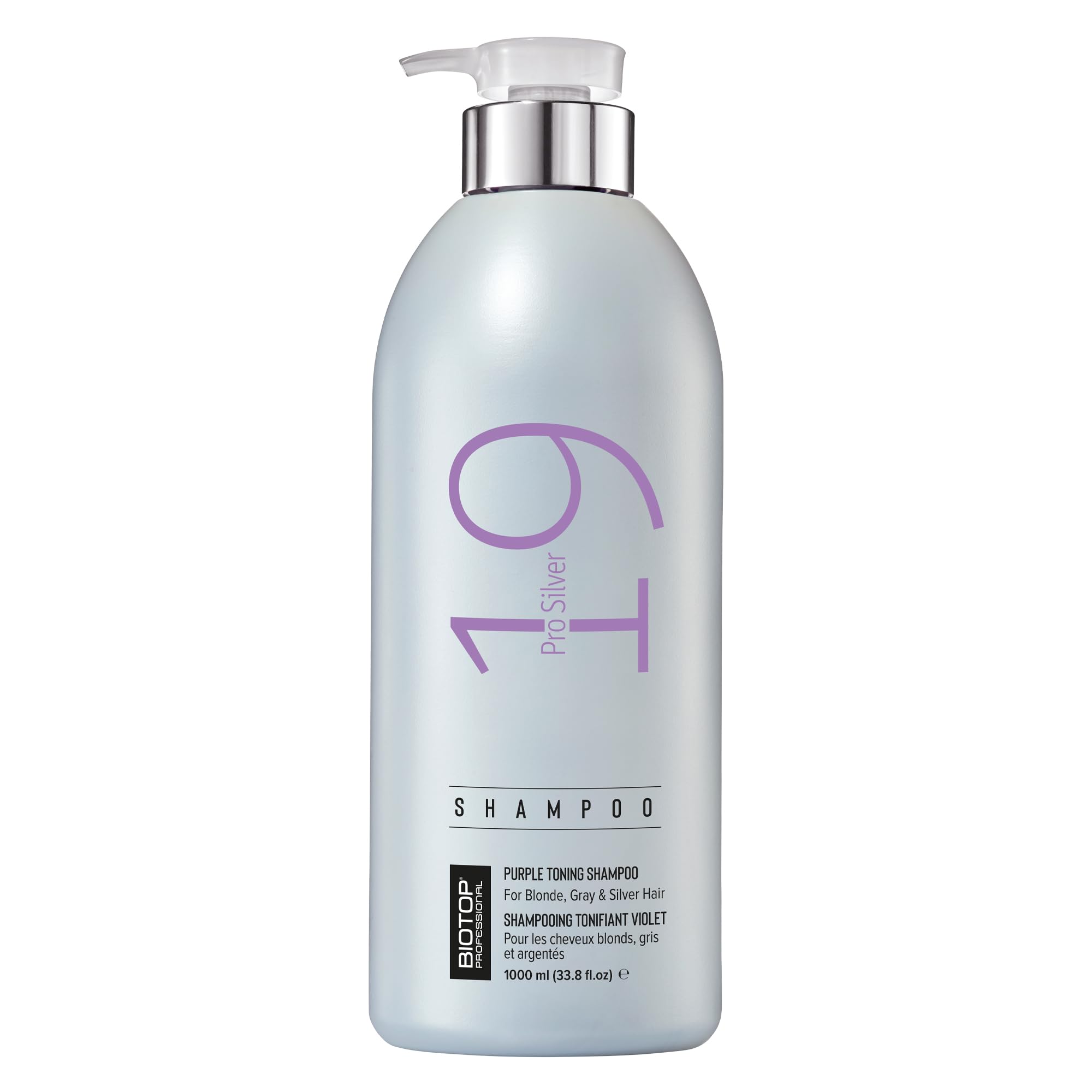 Biotop Professional 19 Pro Silver Shampoo bottle pouring to neutralize brass tones
