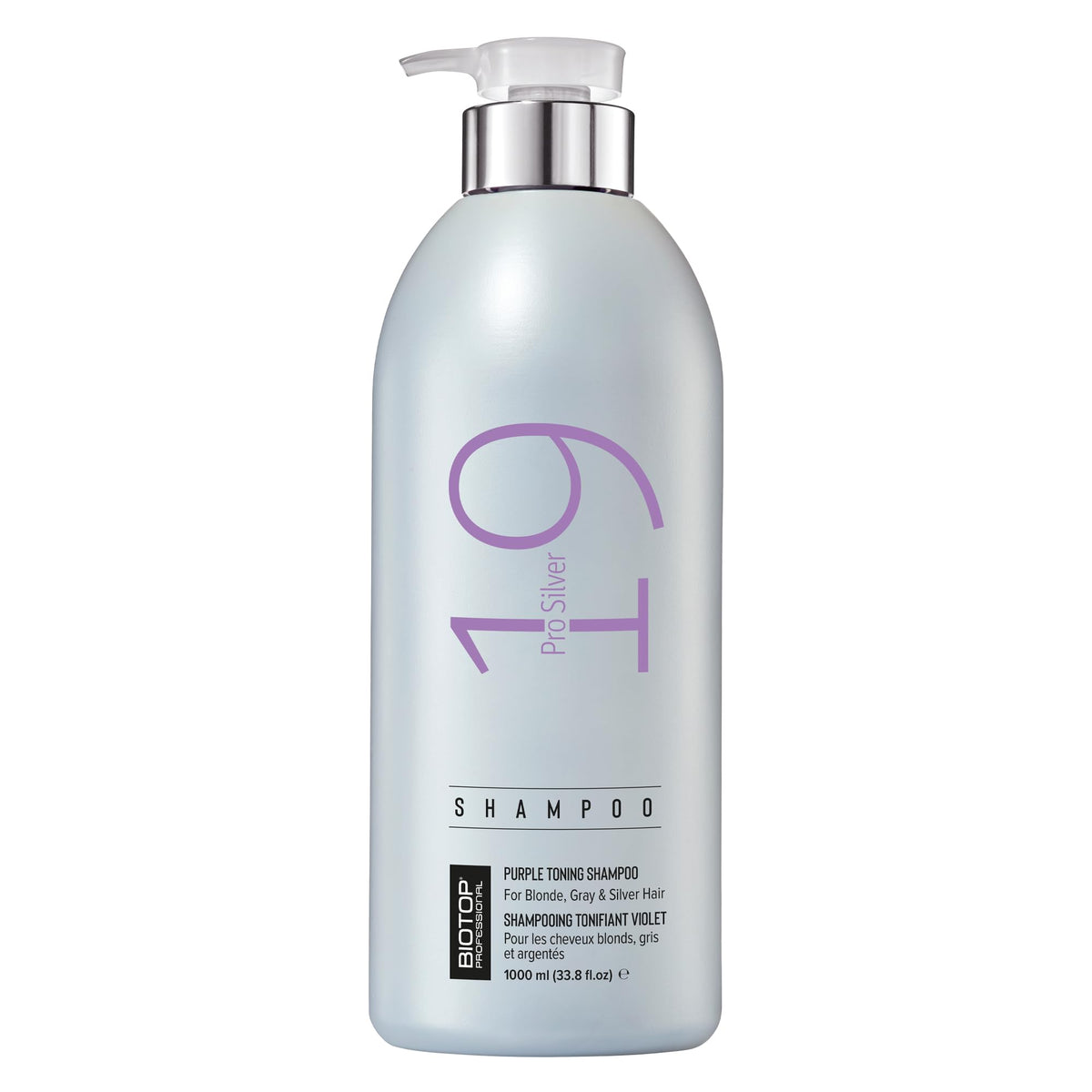 Biotop Professional 19 Pro Silver Shampoo bottle pouring to neutralize brass tones