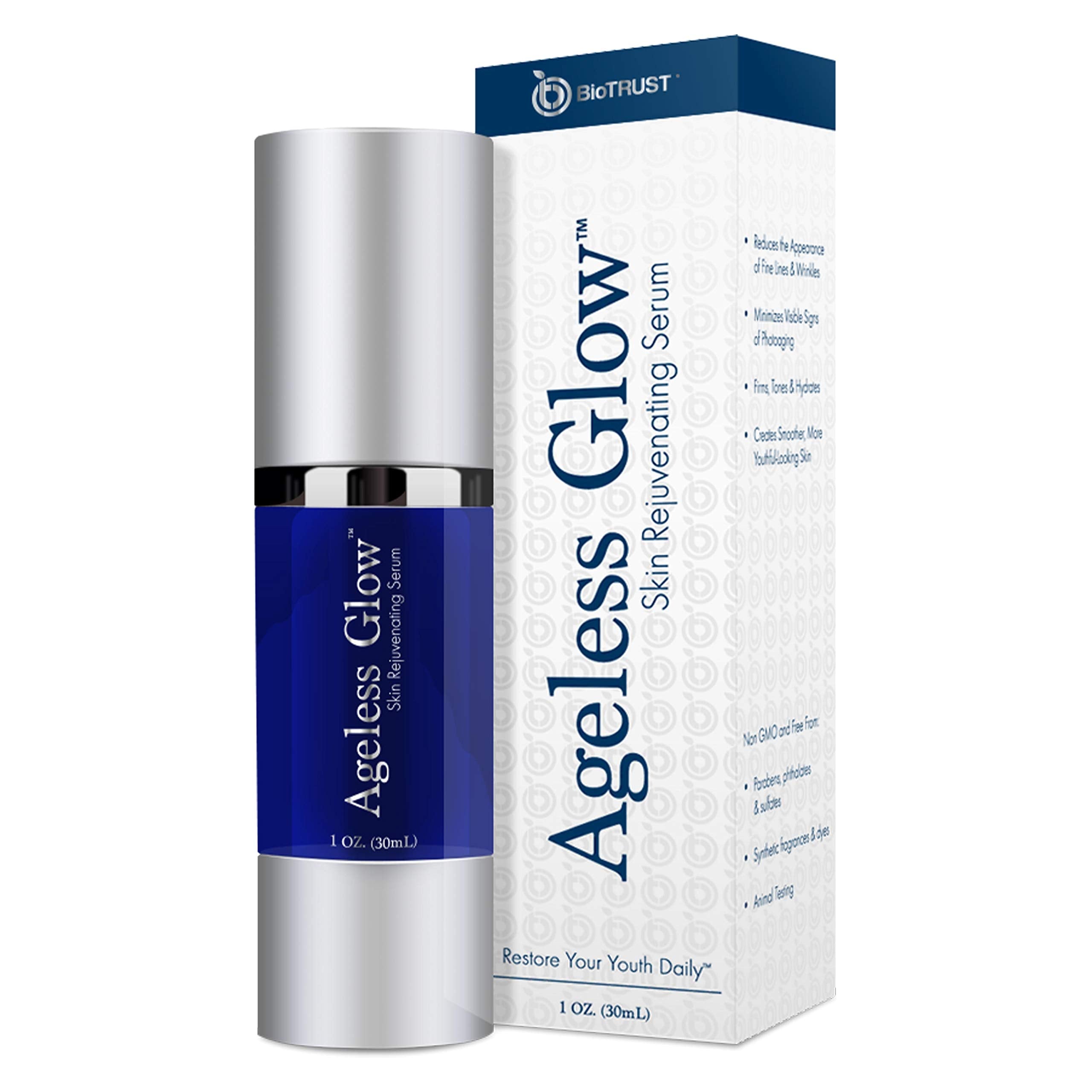 Biotrust Ageless Glow serum bottle ready for daily brightening and hydration
