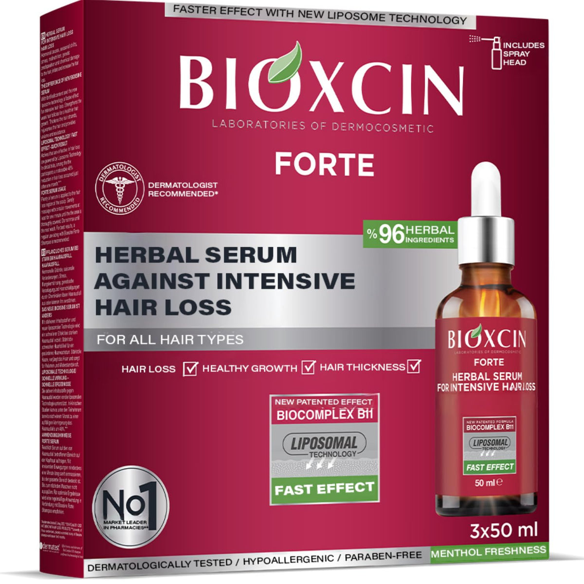 Bioxcin anti-hair-loss serum bottle close-up for nourishing scalp care.