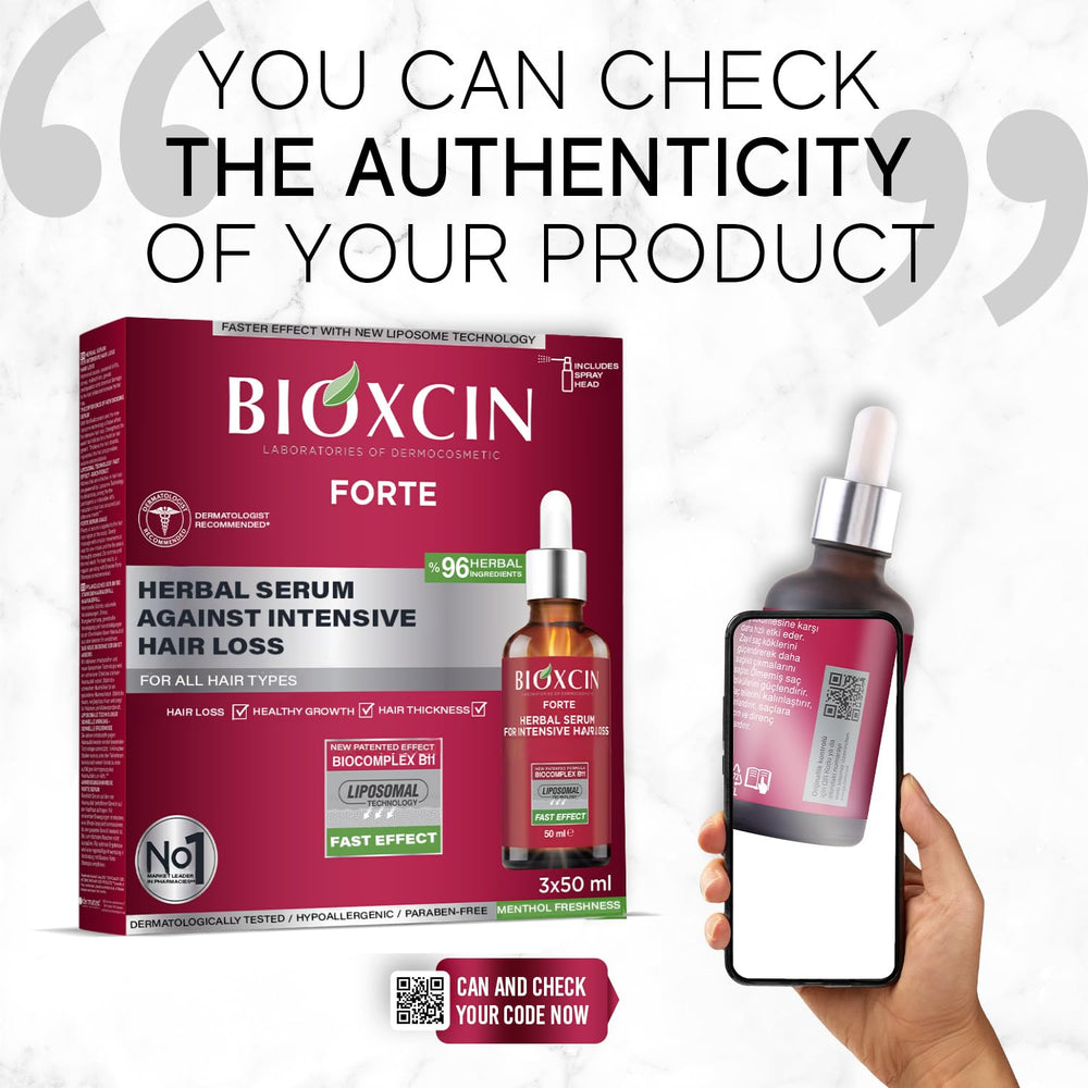 Bioxcin bottle label highlights biotin and keratin benefits for stronger hair.