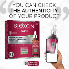 Bioxcin bottle label highlights biotin and keratin benefits for stronger hair.