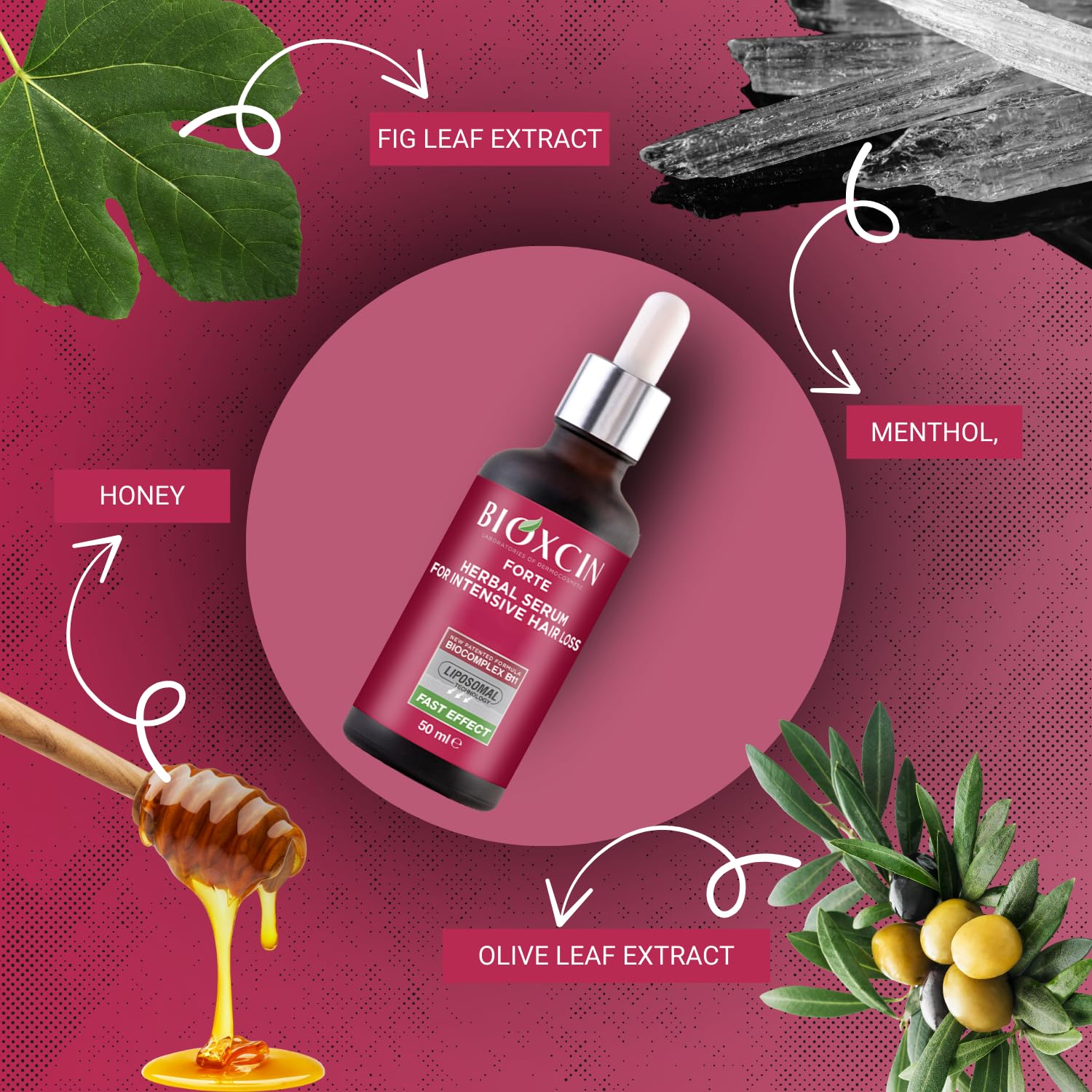 Bioxcin serum dropper shown mid-use to apply the formula.